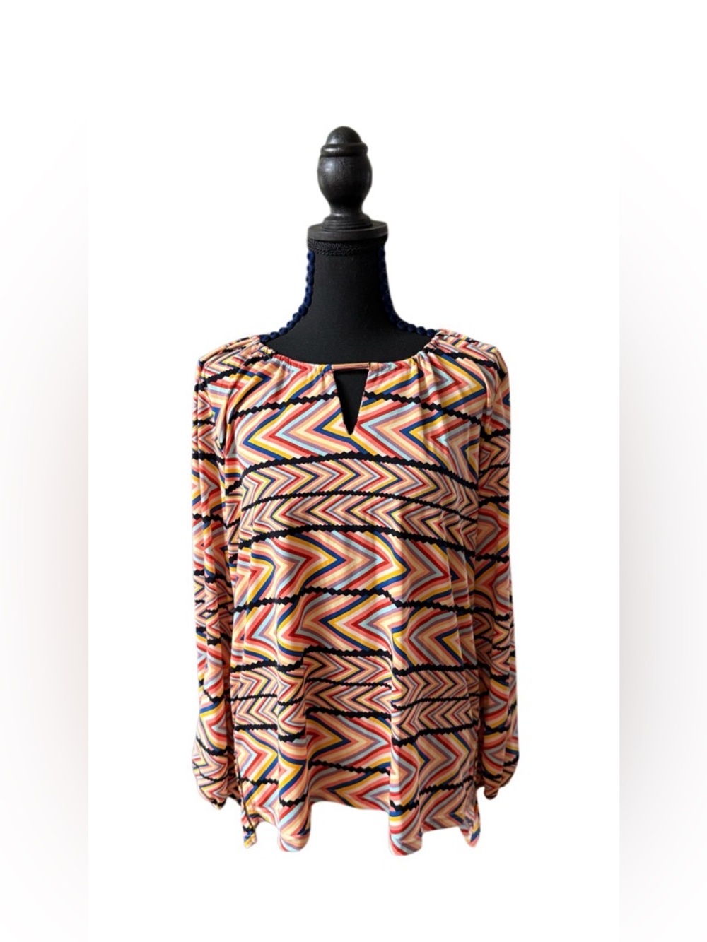 Jones New York  Multicolor Chevron Keyhole Blouse with Metallic Front Bead